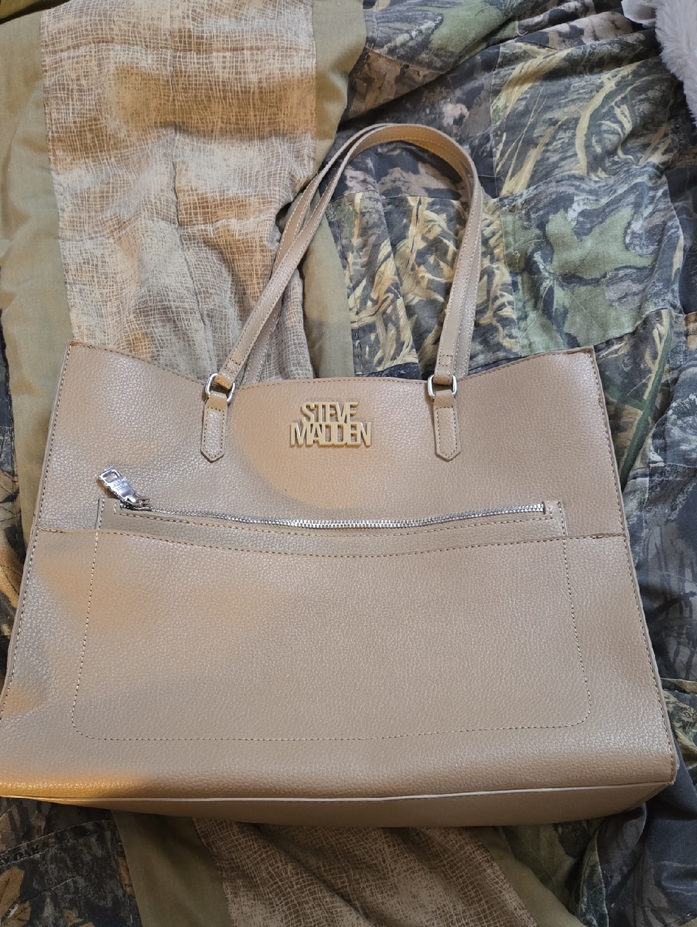 Steve Madden Taupe Leather Tote with Front Zip Pocket & Small Bag